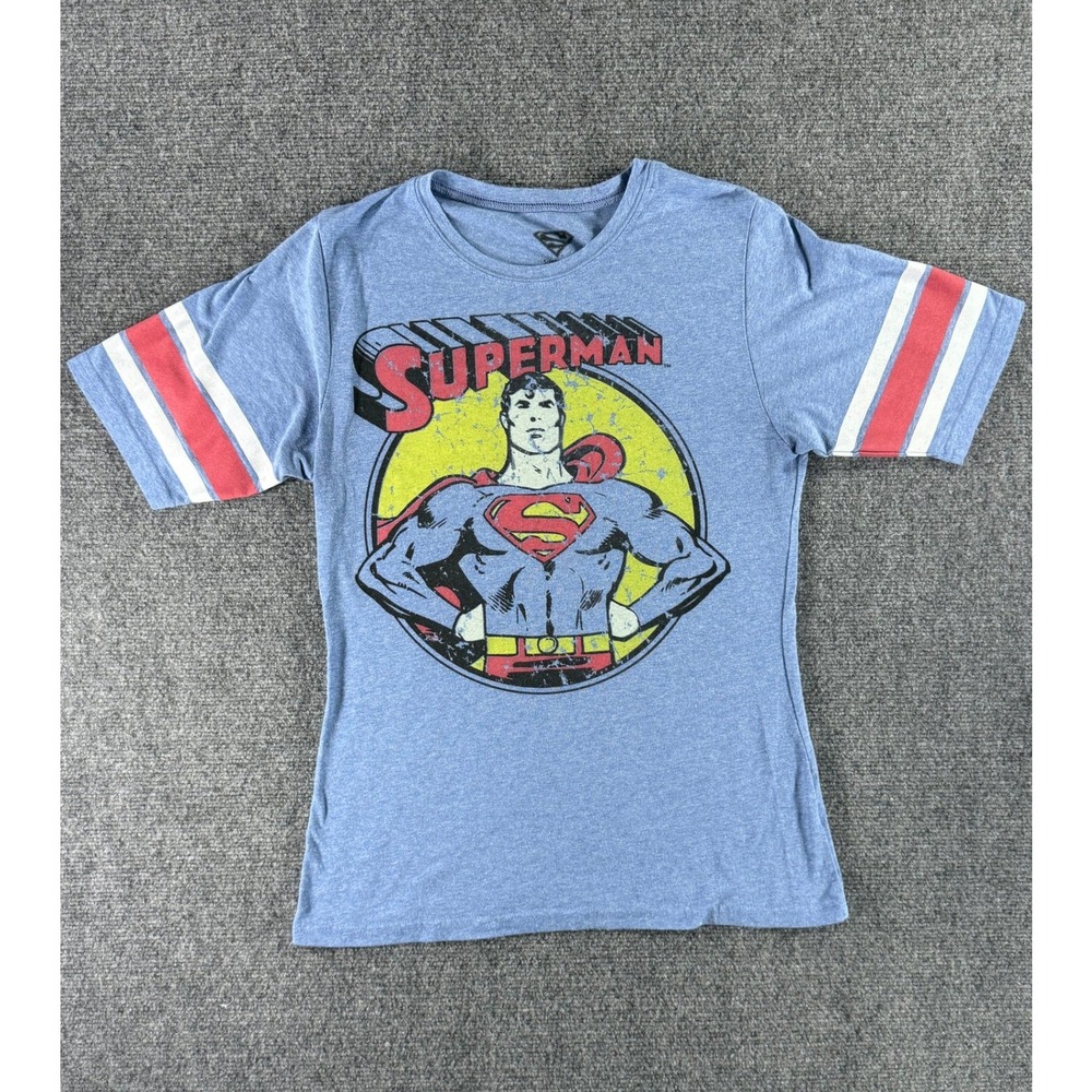 Superman Graphic T-Shirt Kids XL Blue Heather Vintage Style Athletic Stripe